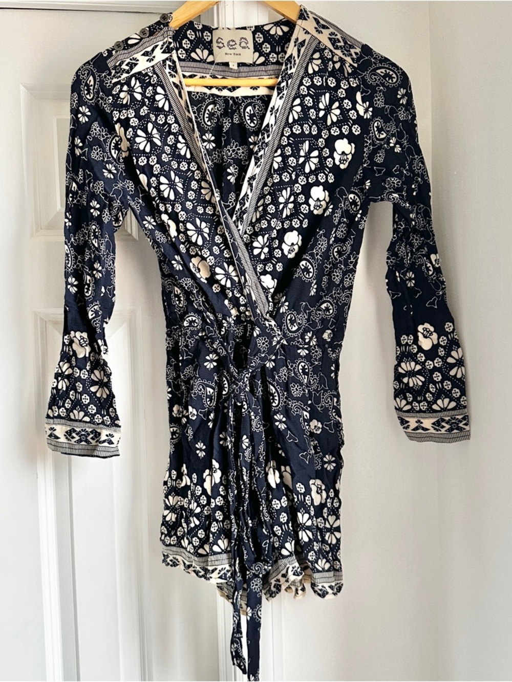 Sea New York Navy & White Floral Printed Wrap Dress